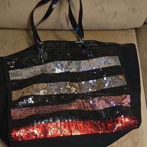 Sequin Striped Tote Bag - Black, Gold, Red